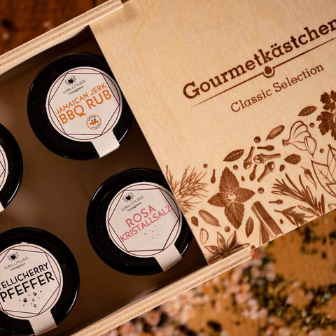 Geschenkset mit 4 Gourmetgewürzen im edlen Gourmetkästchen