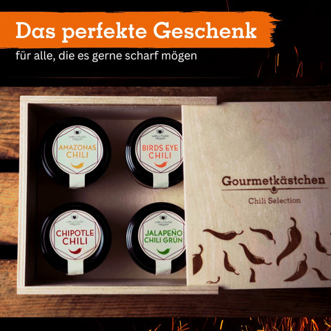 Geschenkset mit 4 Chilisorten im edlen Gourmetkästchen