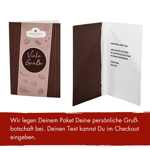 Geschenkkarton mit Lebkuchengewürz, Glühweingewürz, Chai Tee und Haselnusskerne mit Vollmilchschokolade & Zimt