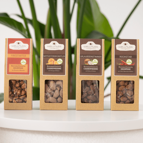 4 vegane Premium Snacks im Geschenkkarton