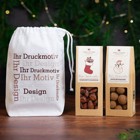 2 Weihnachts-Snacks im Baumwollsäckchen - wellnuss Premium Präsente