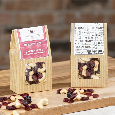 Cranberries und Cashewkerne in der Mini-Faltschachtel - wellnuss Premium Präsente