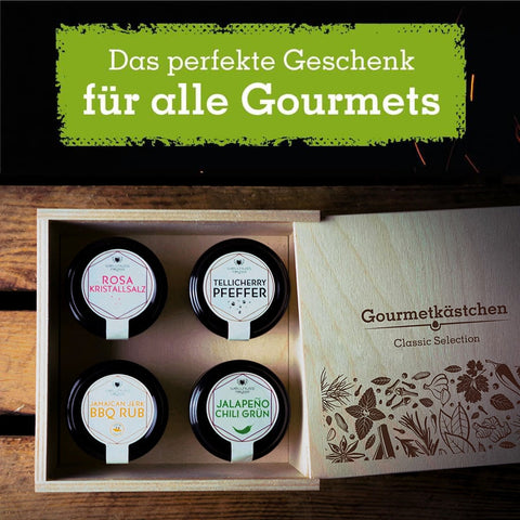 Geschenkset mit 4 Gourmetgewürzen im edlen Gourmetkästchen