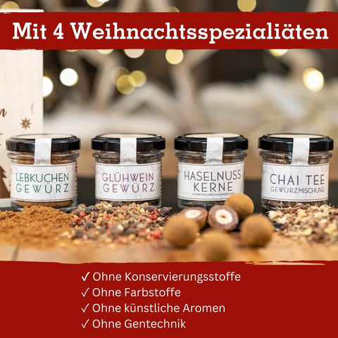 Geschenkkarton mit Lebkuchengewürz, Glühweingewürz, Chai Tee und Haselnusskerne mit Vollmilchschokolade & Zimt